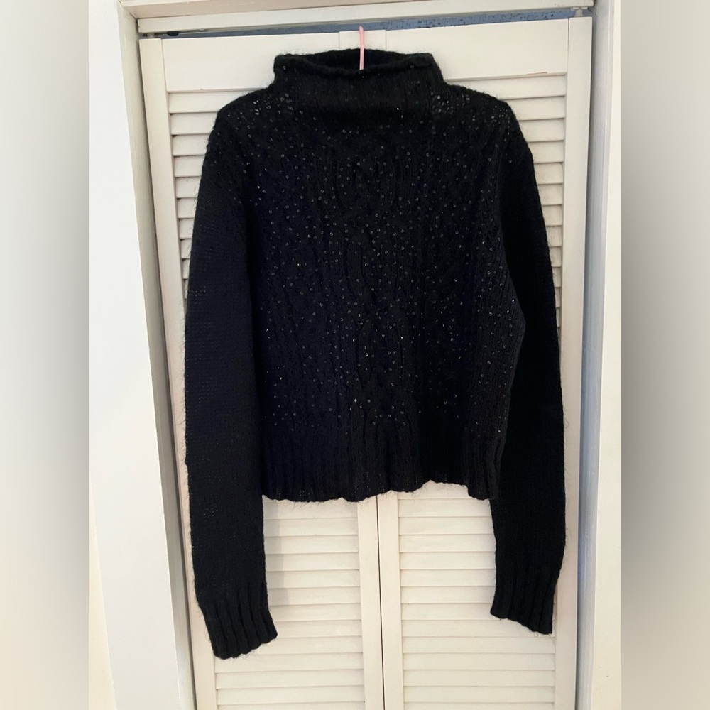 Lauren by Ralph Lauren Black Sequin Mohair Turtleneck Sweater Medium